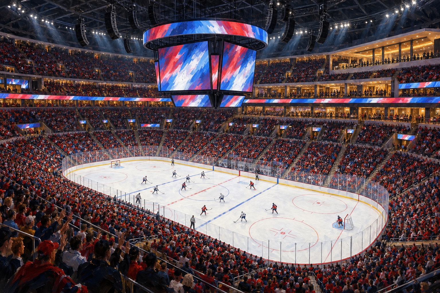Illustrated interior of Amerant Bank Arena in Sunrise during a professional ice hockey game