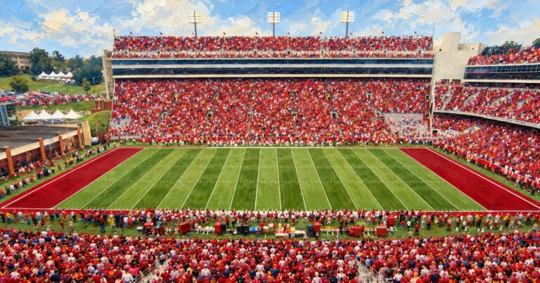 Editorial oil painting of Donald W. Reynolds Razorback Stadium in Fayetteville.