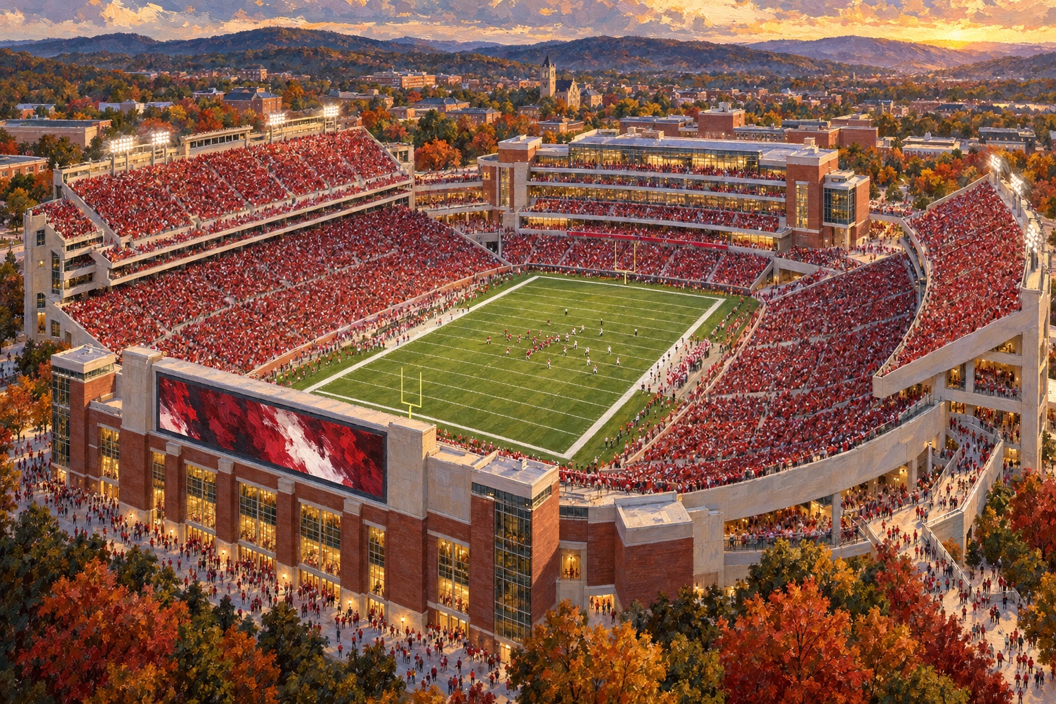 Oil painting of Donald W. Reynolds Razorback Stadium in Fayetteville during a packed Arkansas football game
