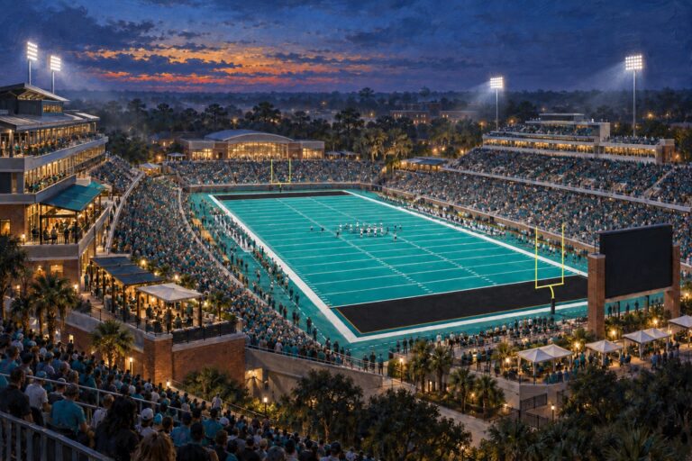 Editorial oil painting of Brooks Stadium in Conway at blue hour, featuring teal Surf Turf, black end zones, sideline premium decks, and south-end cabanas.