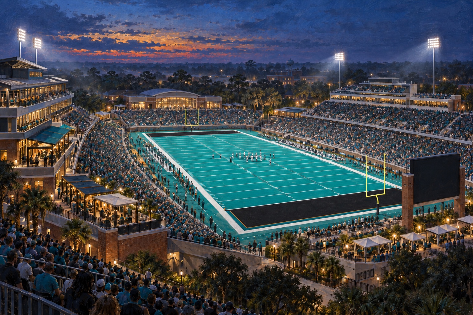Editorial oil painting of Brooks Stadium in Conway at blue hour, featuring teal Surf Turf, black end zones, sideline premium decks, and south-end cabanas.