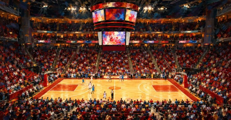 Editorial oil painting of Toyota Center in Houston