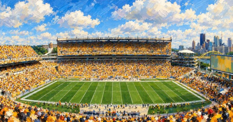 Editorial oil painting of Acrisure Stadium in Pittsburgh