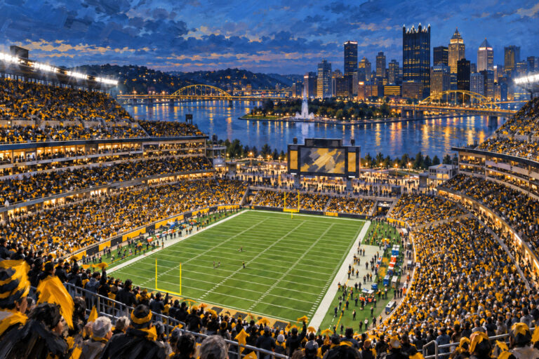 Painterly elevated view of Acrisure Stadium in Pittsburgh, showing its open south end, black-and-gold crowd, football field, Ohio River, bridges, and downtown skyline at blue hour.