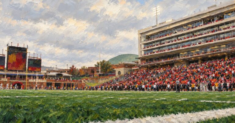 Editorial oil painting of SECU Stadium in College Park