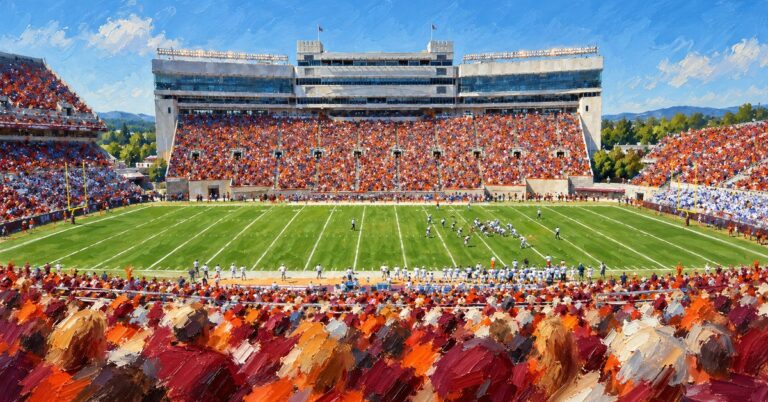 Editorial oil painting of Lane Stadium in Blacksburg