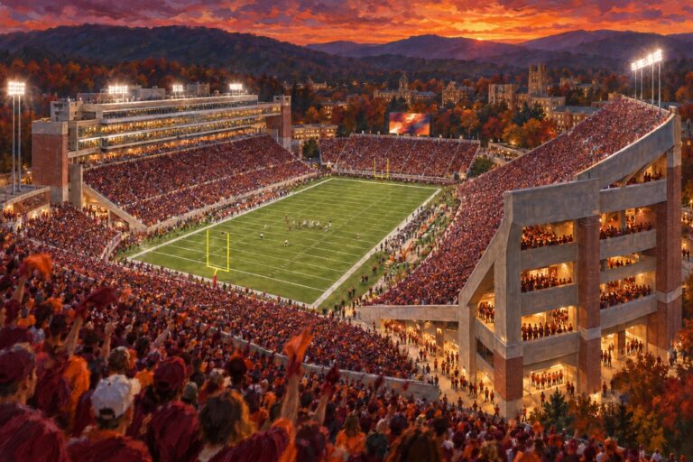 Oil painting of Lane Stadium during a packed Virginia Tech football game