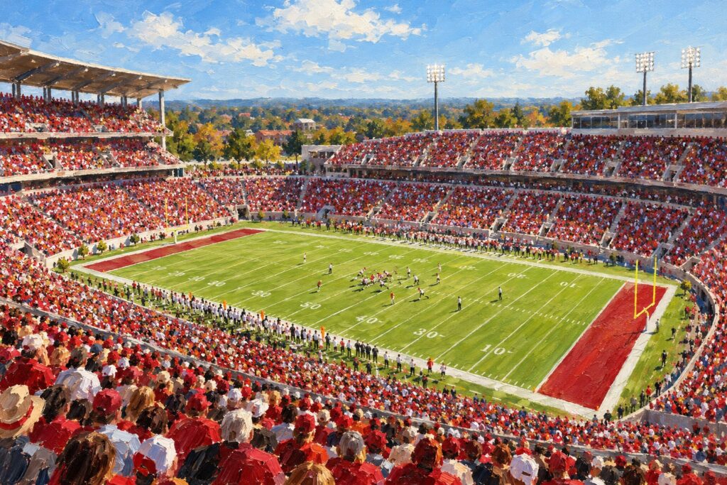 Oil painting of Oklahoma Memorial Stadium in Norman during a packed Sooners football game under a prairie sky