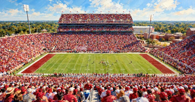 Editorial oil painting of Memorial Stadium (Norman, OK) in Norman, with anonymous painterly figures and unlettered surfaces.