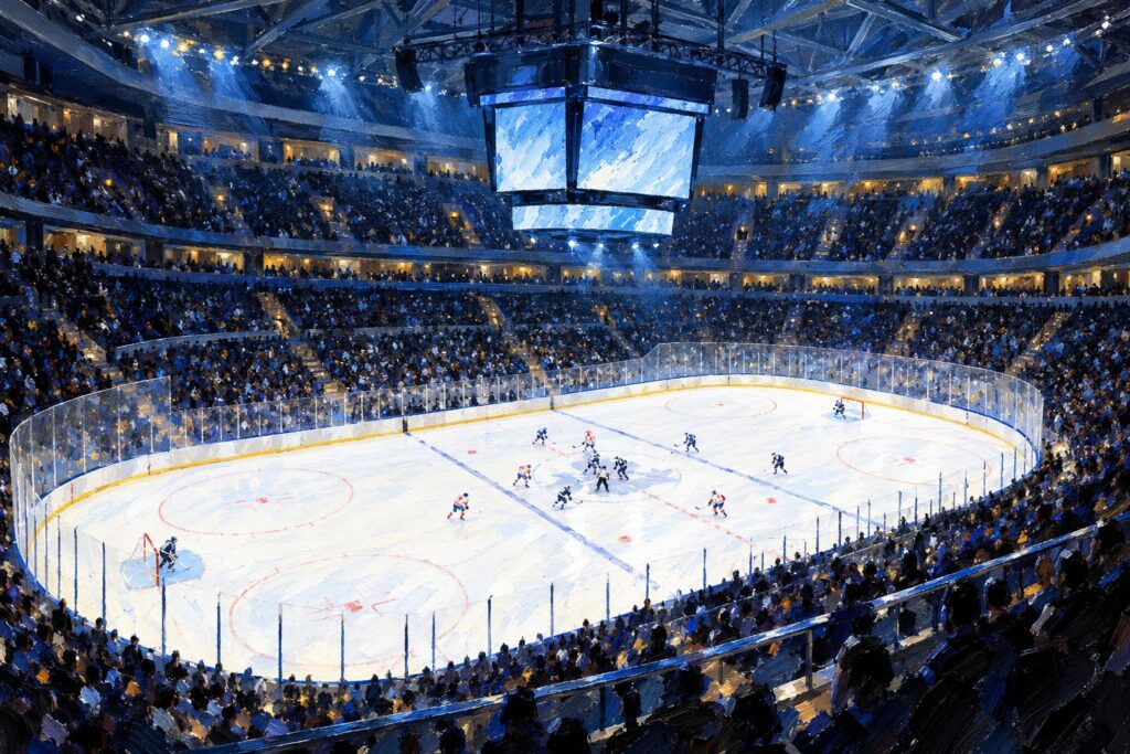 Editorial oil painting of Scotiabank Arena during a professional hockey night game in Toronto, Ontario.