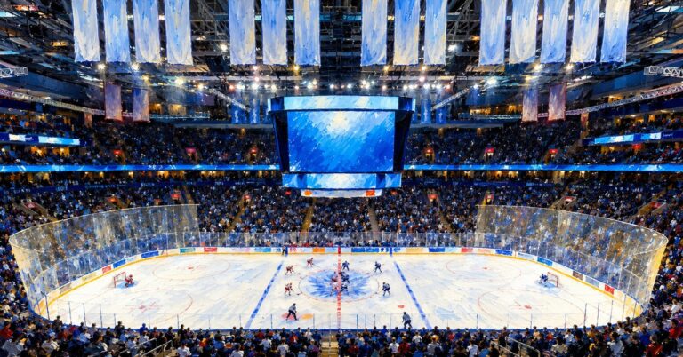Editorial oil painting of Scotiabank Arena in Toronto, with anonymous painterly figures and unlettered surfaces.
