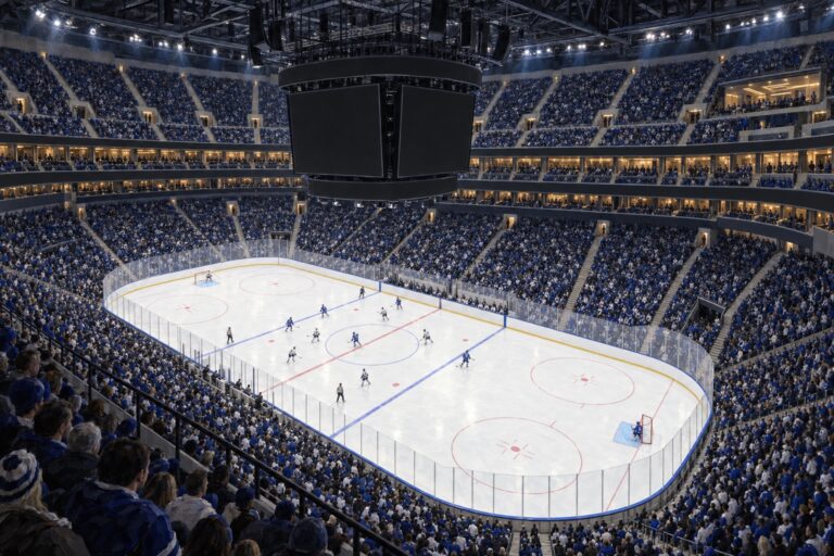 Editorial oil painting of Scotiabank Arena during a professional hockey night game in Toronto, Ontario.