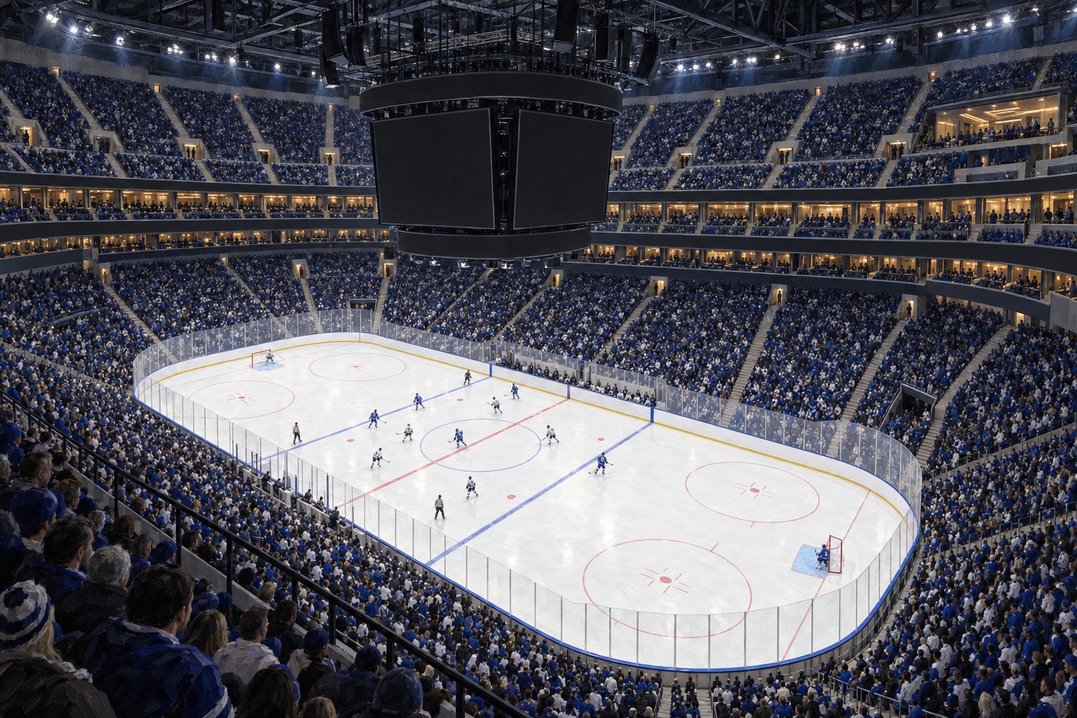 Editorial oil painting of Scotiabank Arena during a professional hockey night game in Toronto, Ontario.