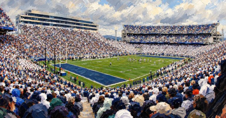 Editorial oil painting of West Shore Home Field at Beaver Stadium in University Park, with anonymous painterly figures and unlettered surfaces.