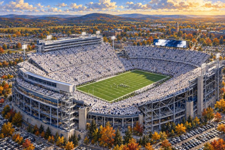 Oil painting of West Shore Home Field at Beaver Stadium during a Penn State White Out football game