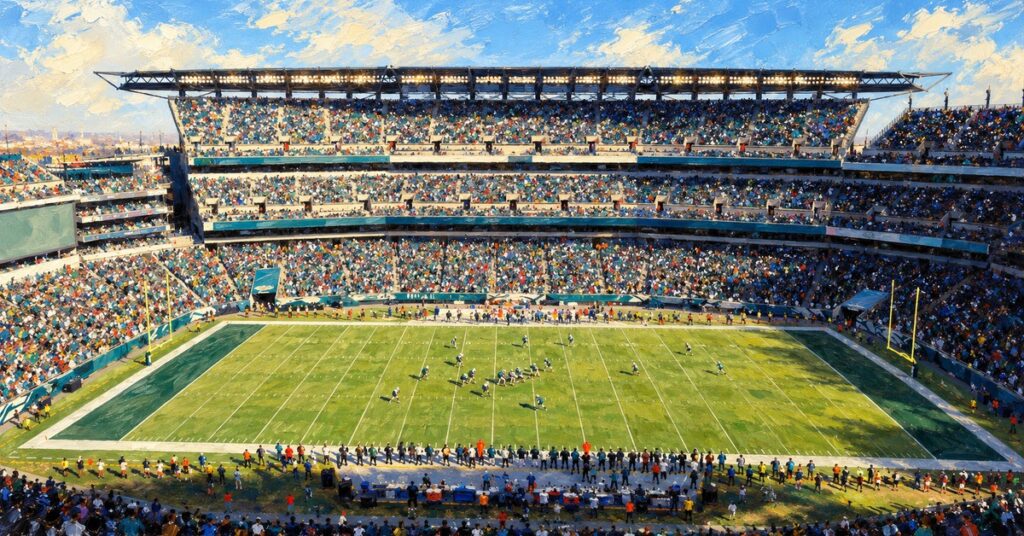Editorial oil painting of Lincoln Financial Field in Philadelphia, with anonymous painterly figures and unlettered surfaces.