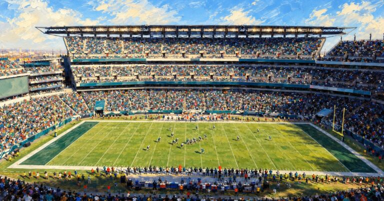 Editorial oil painting of Lincoln Financial Field in Philadelphia, with anonymous painterly figures and unlettered surfaces.