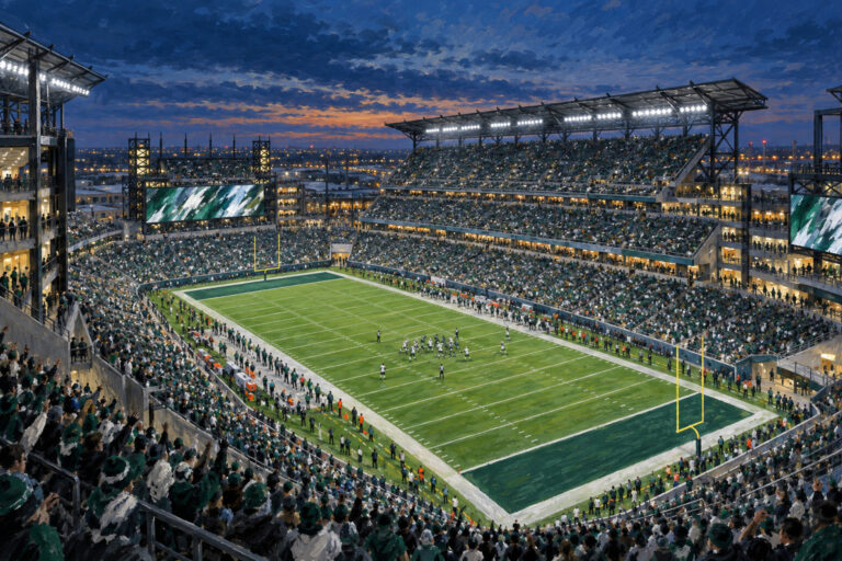 Oil painting of Lincoln Financial Field in Philadelphia during a football game day