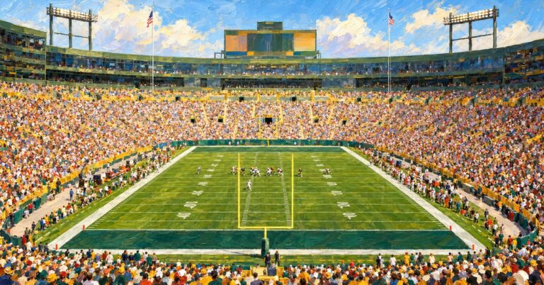 Editorial oil painting of Lambeau Field in Green Bay, with anonymous painterly figures and unlettered surfaces.