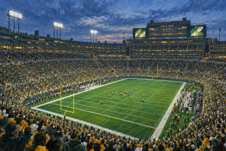 Oil painting of Lambeau Field in Green Bay during a football game day