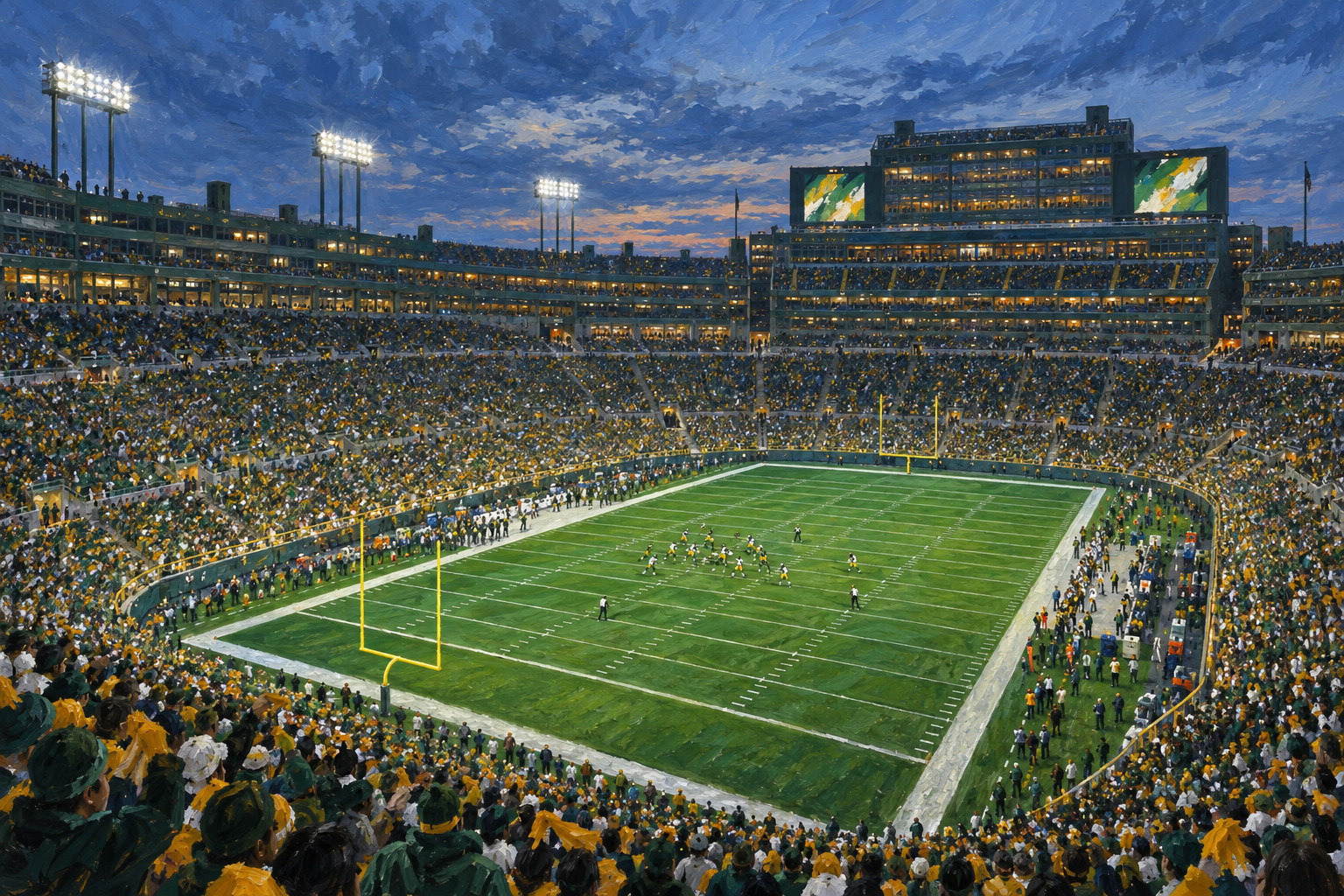 Oil painting of Lambeau Field in Green Bay during a football game day