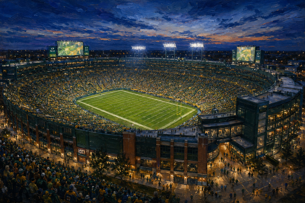 Editorial oil painting of Lambeau Field in Green Bay at blue hour