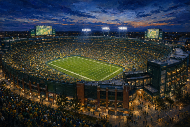 Editorial oil painting of Lambeau Field in Green Bay at blue hour
