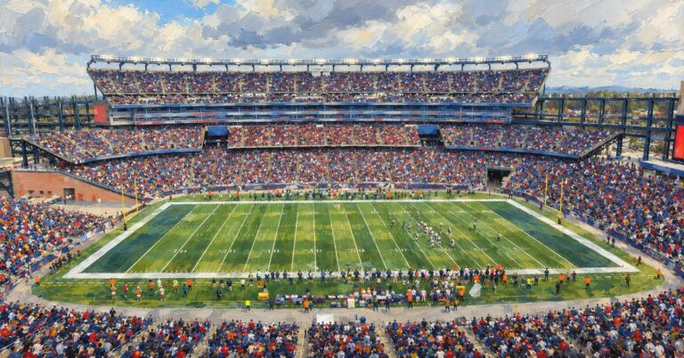 Editorial oil painting of Gillette Stadium in Foxborough, with anonymous painterly figures and unlettered surfaces.