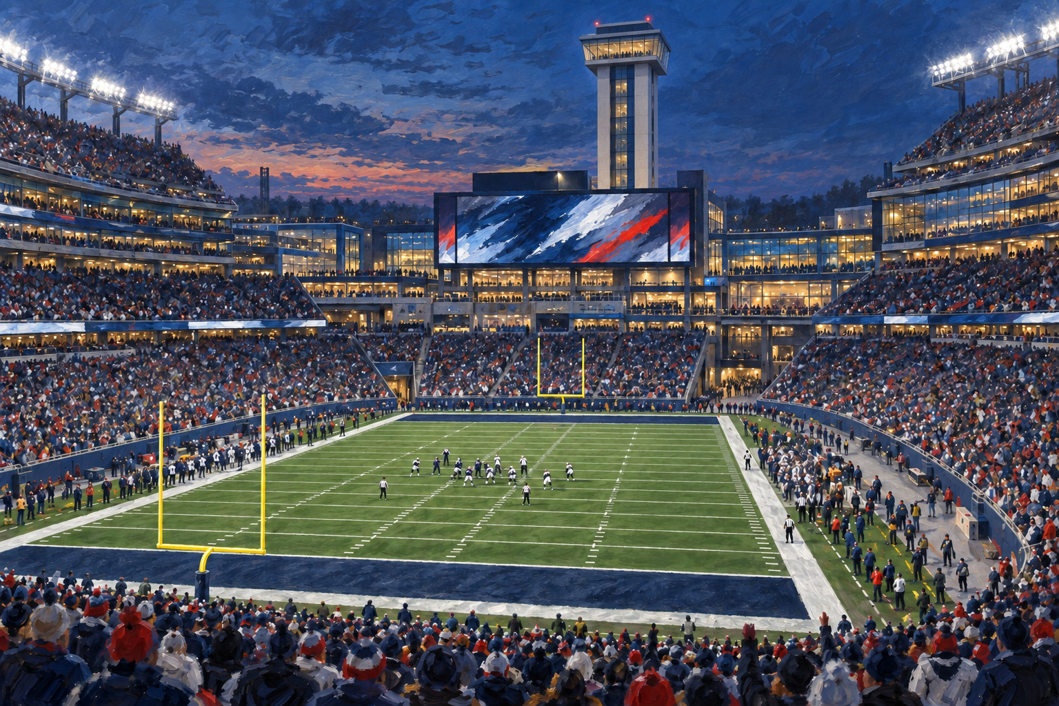 Oil painting of Gillette Stadium in Foxborough during a football game day