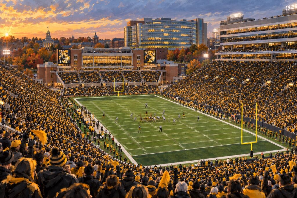 Oil painting of Kinnick Stadium during a packed Iowa football game