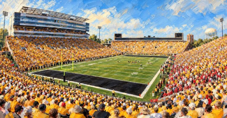 Editorial oil painting of Kinnick Stadium in Iowa City, with anonymous painterly figures and unlettered surfaces.