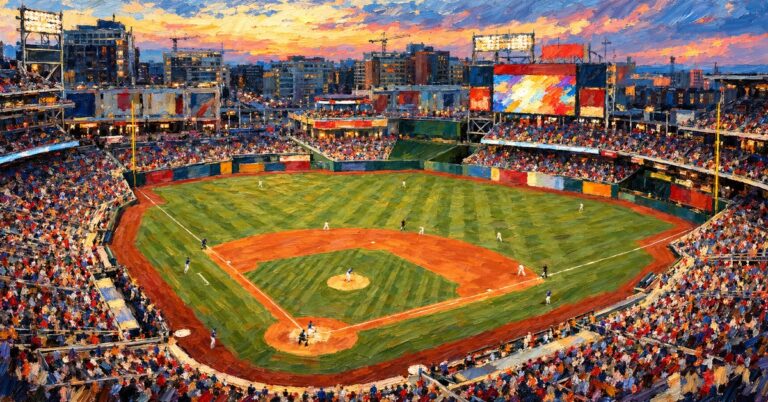 Editorial oil painting of Nationals Park in Washington, with anonymous painterly figures and unlettered surfaces.