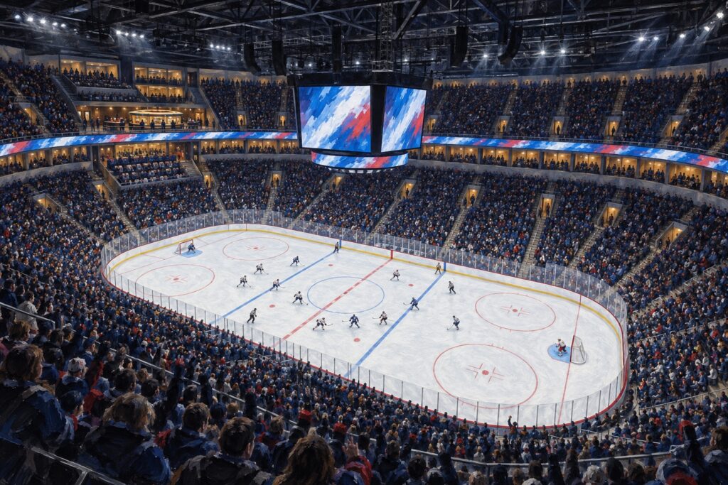 Illustrated interior of Canada Life Centre in Winnipeg during a professional ice hockey game