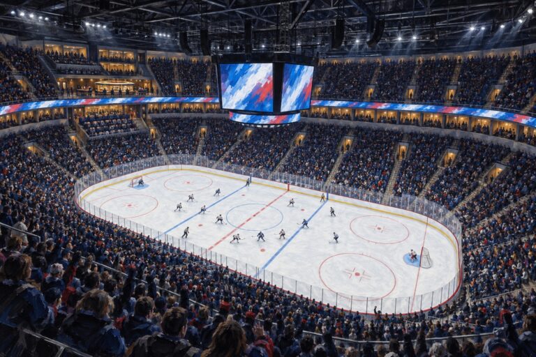 Illustrated interior of Canada Life Centre in Winnipeg during a professional ice hockey game