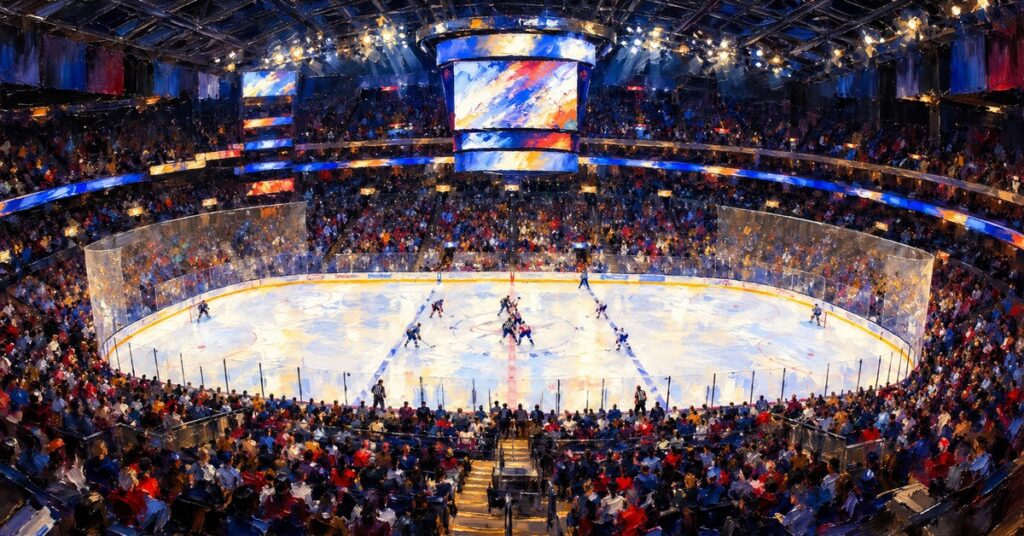 Editorial oil painting inspired by Nationwide Arena in Columbus, with abstracted figures and unbranded architectural details.