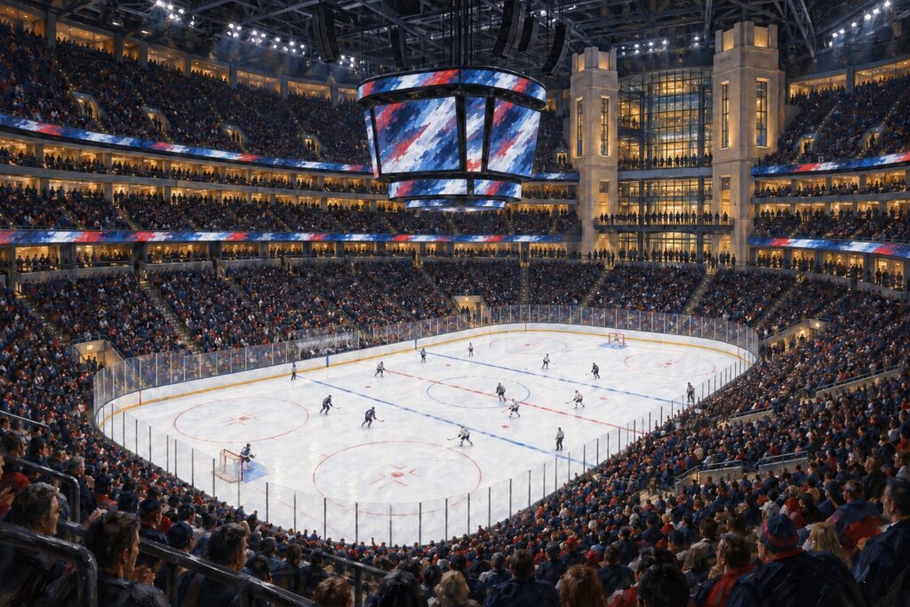 Illustrated interior of Nationwide Arena in Columbus during a professional ice hockey game