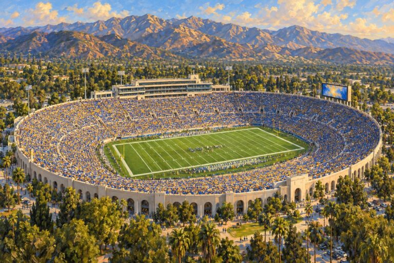 Oil painting of the Rose Bowl in Pasadena during a UCLA college football game