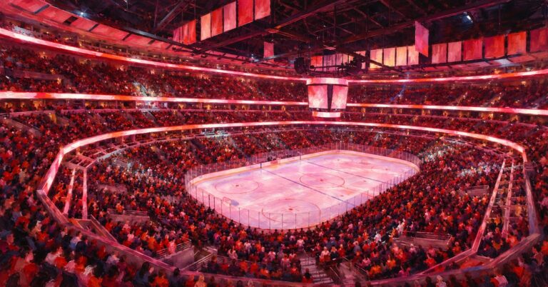 Editorial oil painting of United Center in Chicago, with abstract spectators and unmarked venue surfaces.