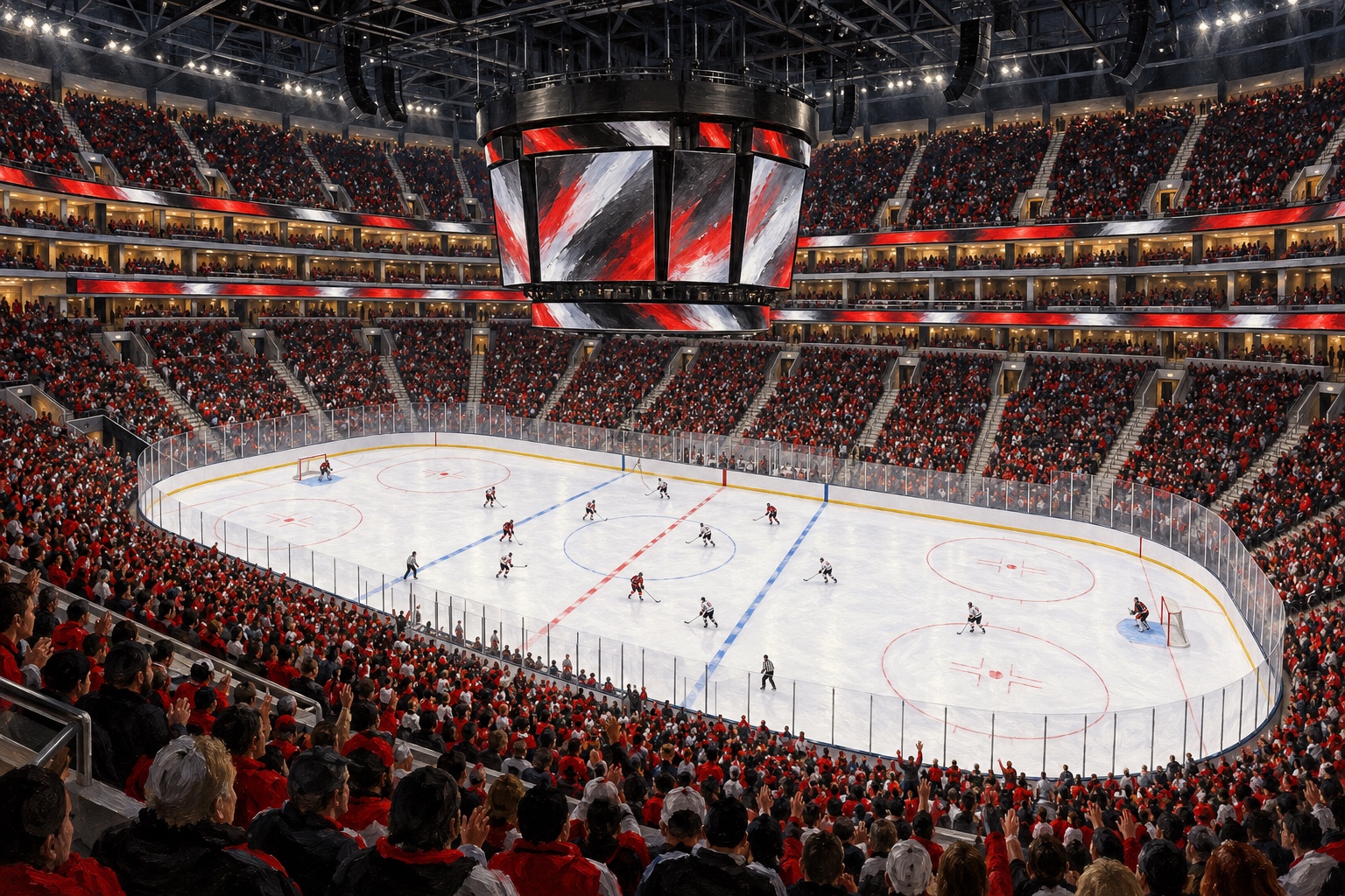 Editorial oil painting of United Center configured for Chicago professional hockey