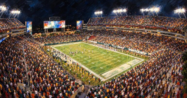 Editorial oil painting of Raymond James Stadium in Tampa, with abstracted figures and unlettered surfaces.