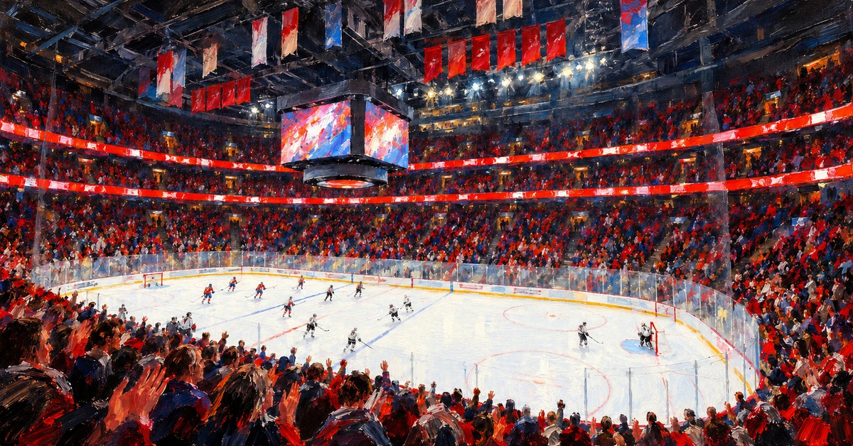 Editorial oil painting of Bell Centre in Montreal, with abstracted figures and unlettered surfaces.