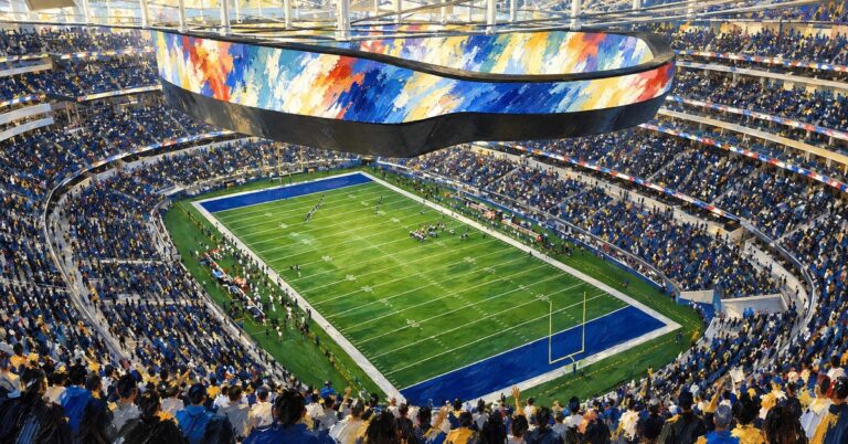 Editorial oil painting of SoFi Stadium in Inglewood, with abstracted figures and unlettered surfaces.