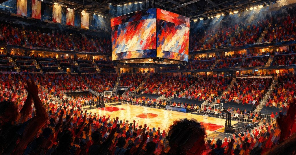 Editorial oil painting of State Farm Arena in Atlanta.