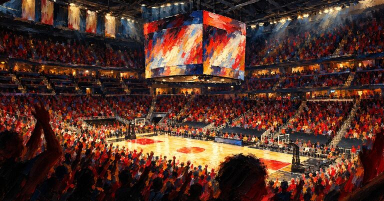 Editorial oil painting of State Farm Arena in Atlanta.
