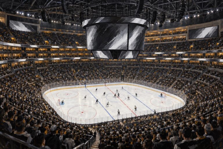 Editorial oil painting of crypto.com Arena configured for Los Angeles professional hockey