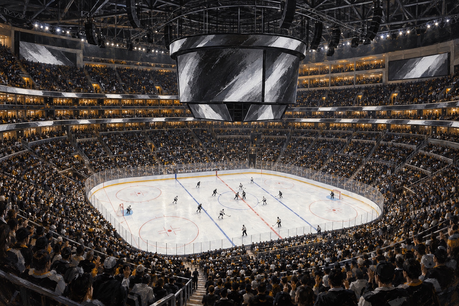 Editorial oil painting of crypto.com Arena configured for Los Angeles professional hockey