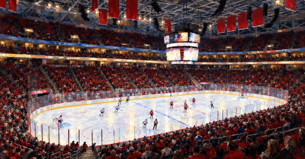 Editorial oil painting of Lenovo Center in Raleigh, with identifying marks abstracted.