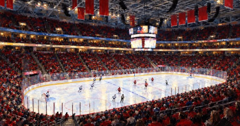 Editorial oil painting of Lenovo Center in Raleigh, with identifying marks abstracted.