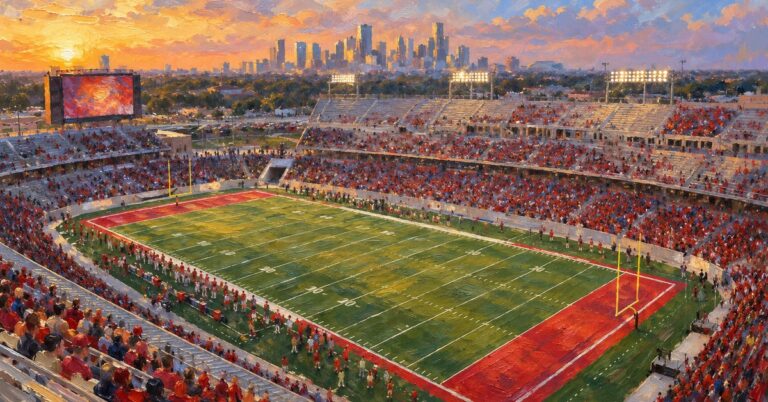 Editorial oil painting of the interior of TDECU Stadium in Houston