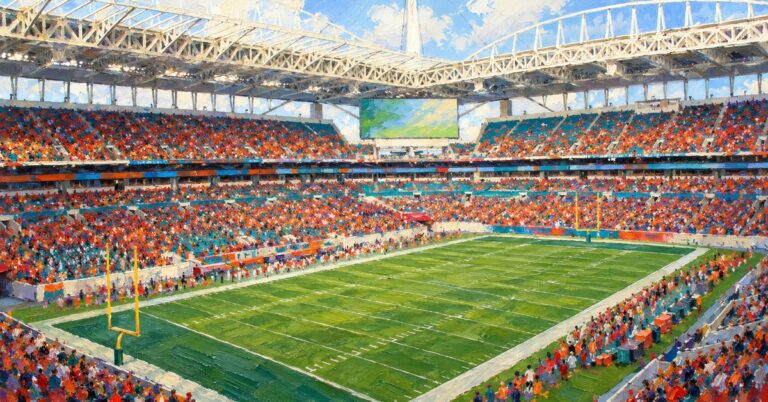 Editorial oil painting of Hard Rock Stadium in Miami Gardens, with abstracted spectators and unbranded venue details.